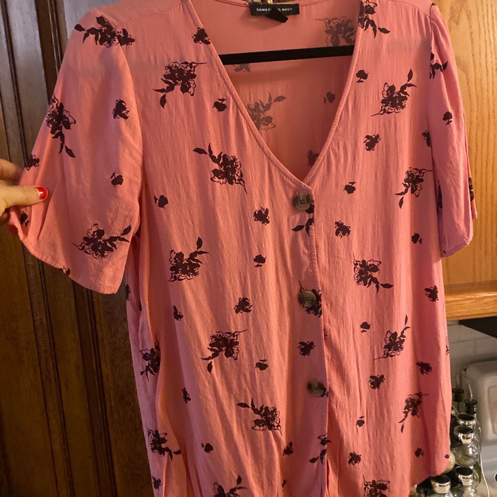Something Navy pink floral button down shirt - S